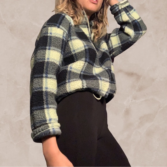 American Eagle Neon Green Fuzzy Sherpa Plaid Quarter Zip Front Sweatshirt - Picture 4 of 4